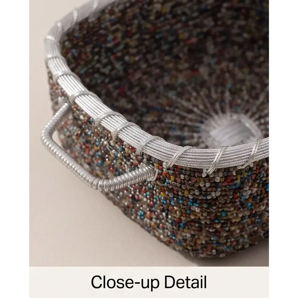 Beautiful Tray Multi Bead Art Silver Metal Woven Basket Made In India Set Of 2